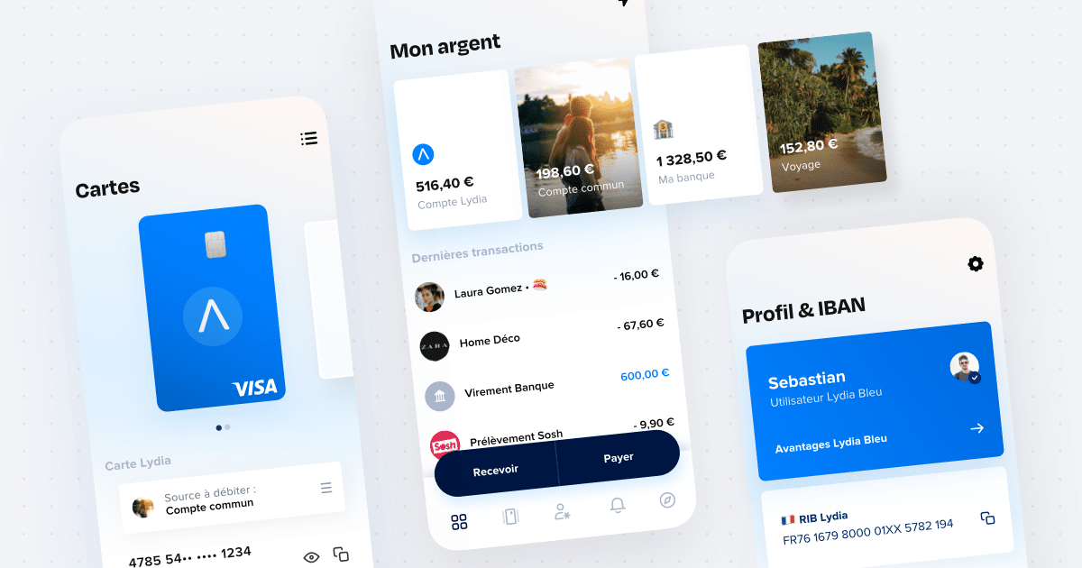 Lydia : illustration de smartphone avec l'application Lydia affichée et une carte bancaire