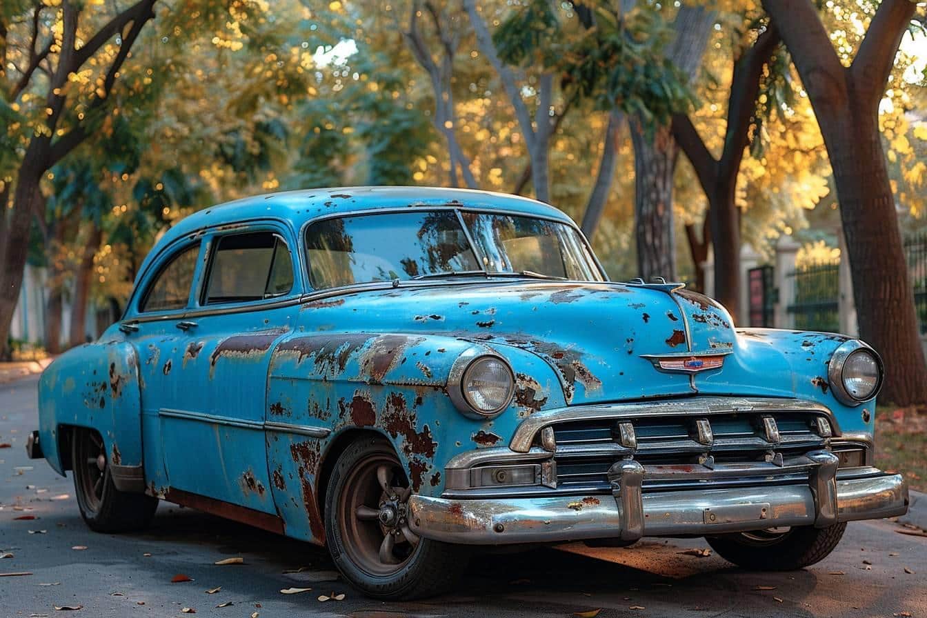 assurance vieille voiture : ancienne voiture garée devant une maison