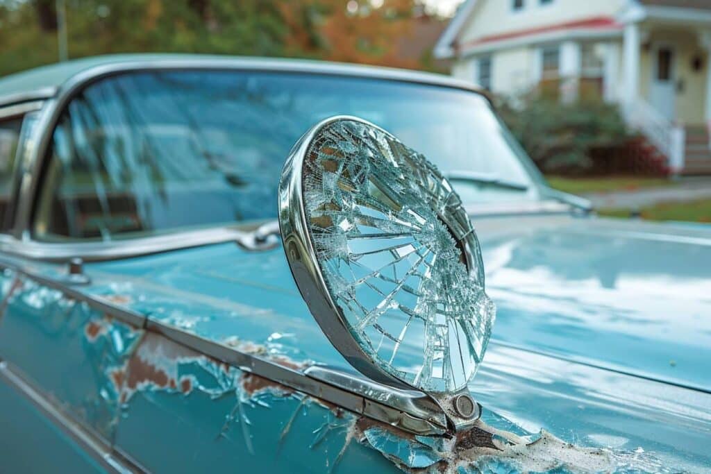 réparation rétroviseur : rétroviseur de voiture cassé avec outils de réparation