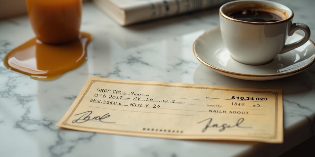 chèques : un commerçant debout devant une caisse avec un panneau refusant les chèques