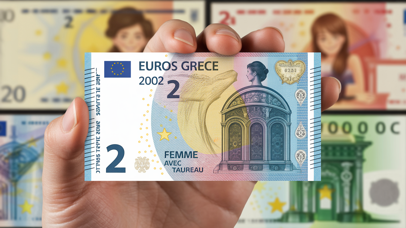 2 euros Grèce 2002 femme avec taureau main devant billets