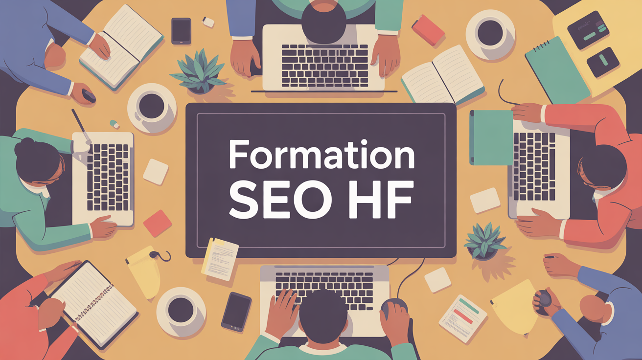 Vue stylisée d'un bureau moderne avec Formation SEO HF