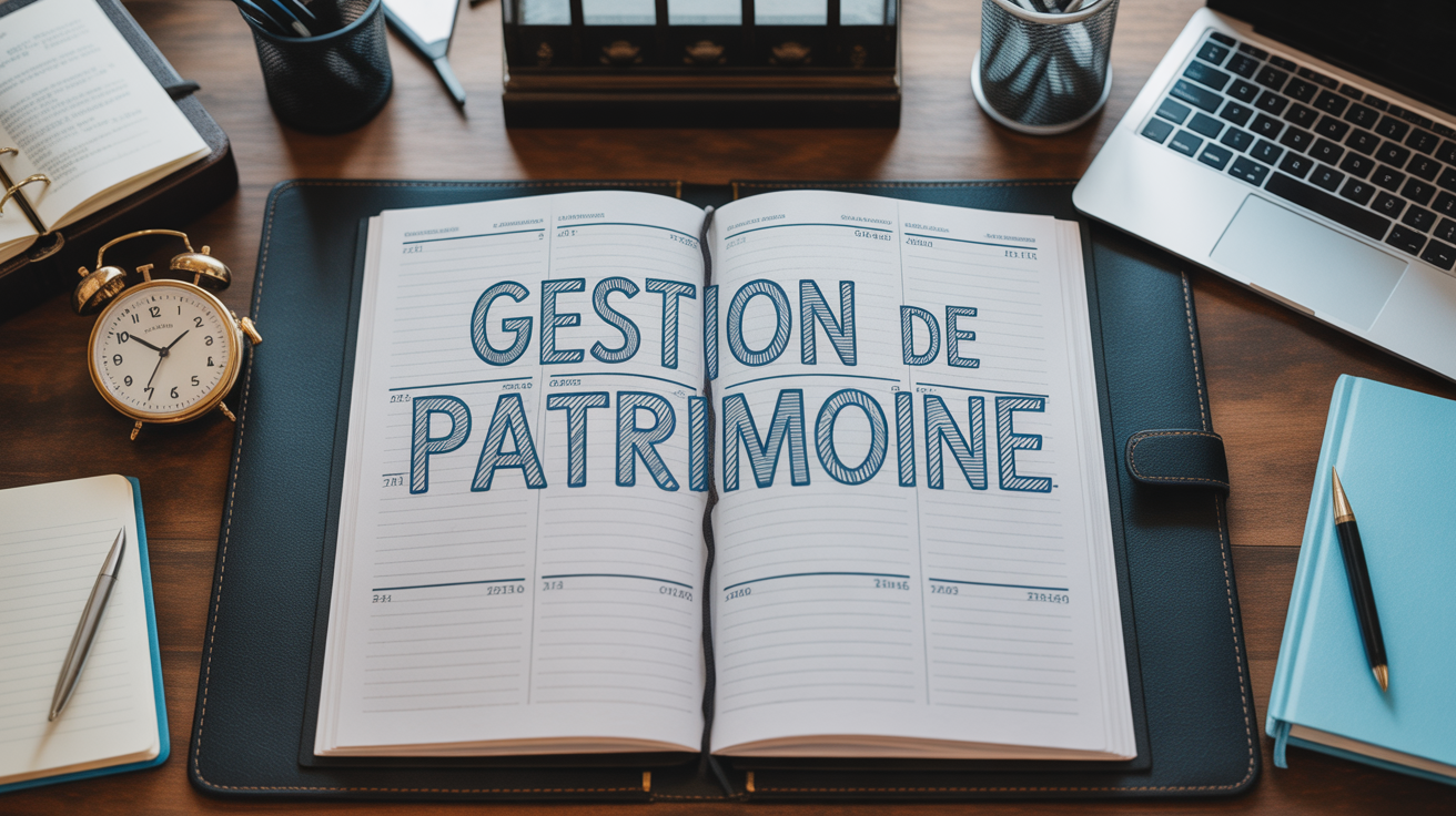 Bureau organise avec agenda et outils de gestion de patrimoine