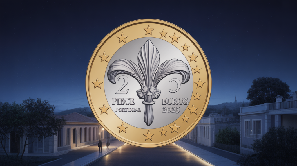 piece 2 euros fleur de lys portugal 2025 sur fond bleu, monnaie commemorative collection