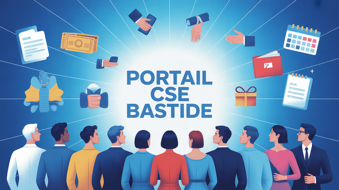 Portail digital CSE Bastide avec silhouettes salariés et icônes avantages