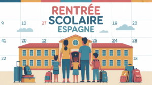 famille devant école Espagne valises fournitures calendrier