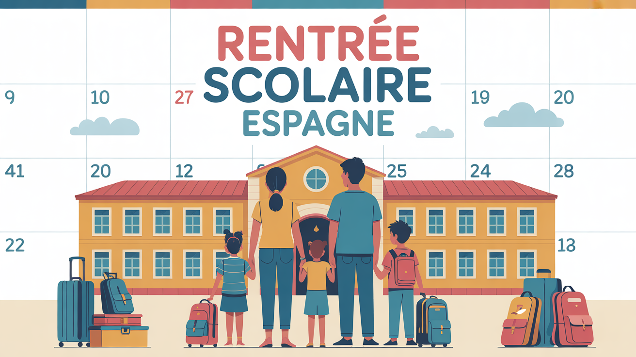 famille devant école Espagne valises fournitures calendrier