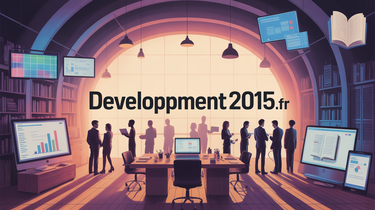 Bureau moderne avec entrepreneurs et developpement2015.fr en ambiance digitale