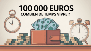 Portefeuille ouvert avec 100 000 euros et symboles du temps