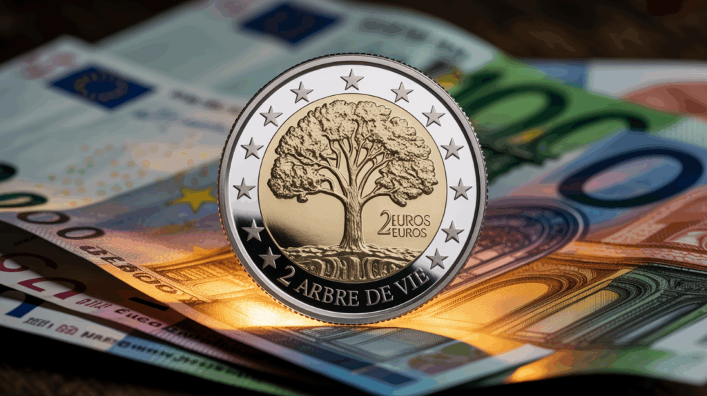 Gros plan pièce 2 euros arbre de vie sur catalogue