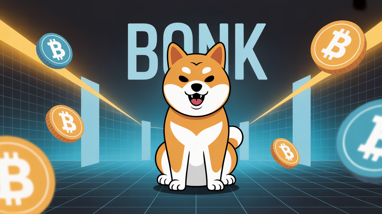 Mascotte BONK shiba, blockchain Solana, jetons digitales