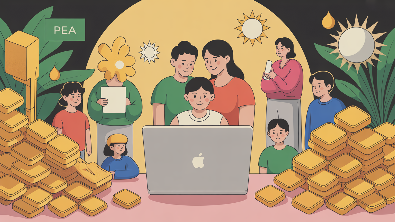 famille autour ordinateur graphique pièces or PEA