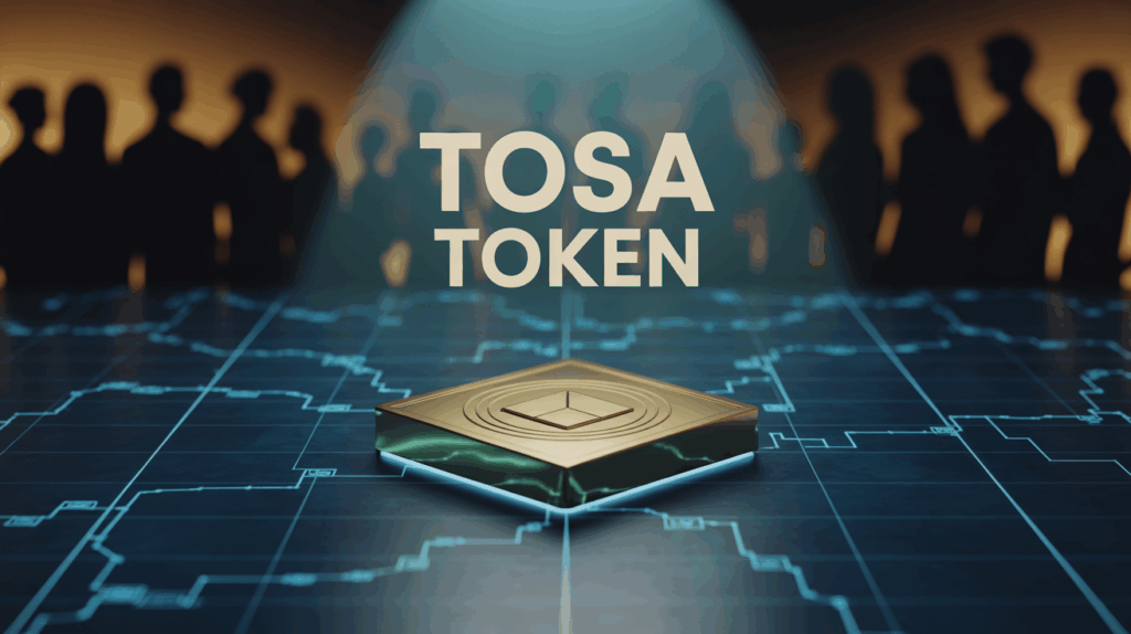 pièce dorée Tosa Token sur carte blockchain, analyse crypto