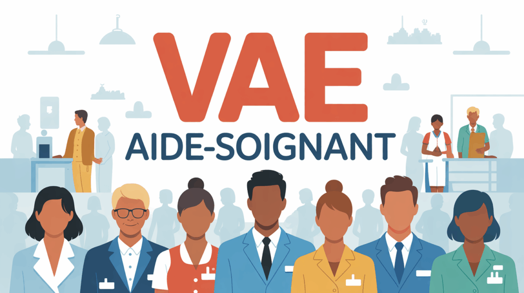 Illustration VAE aide soignant, silhouettes professionnelles, milieu hospitalier