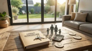 Maison moderne, dossier de credit, famille, symboles securite assurance emprunteur