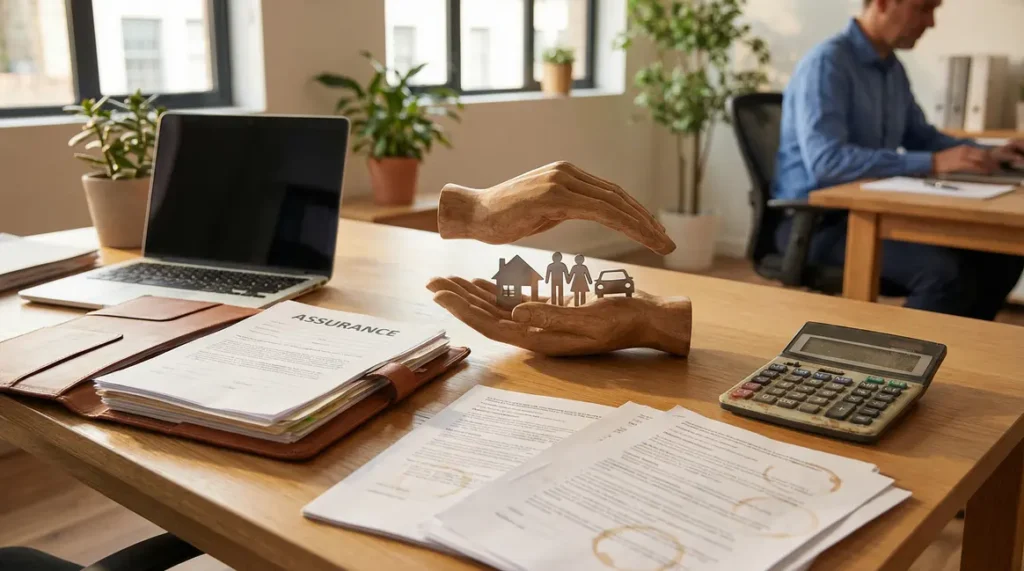 Vue bureau assurance main protège pictogrammes