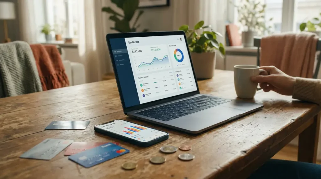 Ordinateur avec application bancaire smartphone cartes sur table