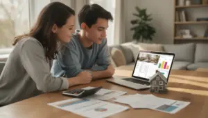 Couple consultant capacité d'emprunt immobilier sur ordinateur