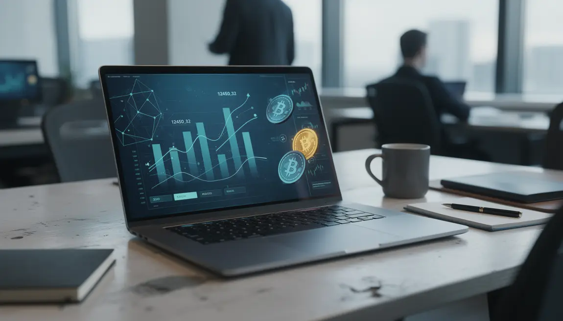 Ordinateur affichant blockchain et jetons numériques