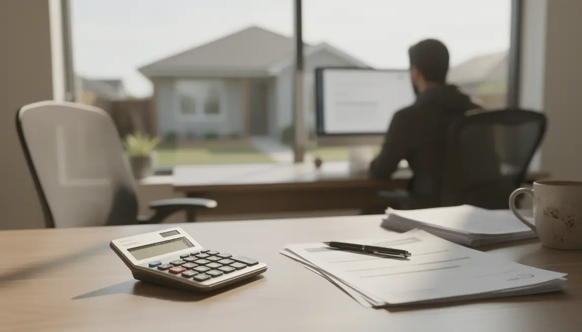 bureau pret immobilier avec calculatrice et ordinateur