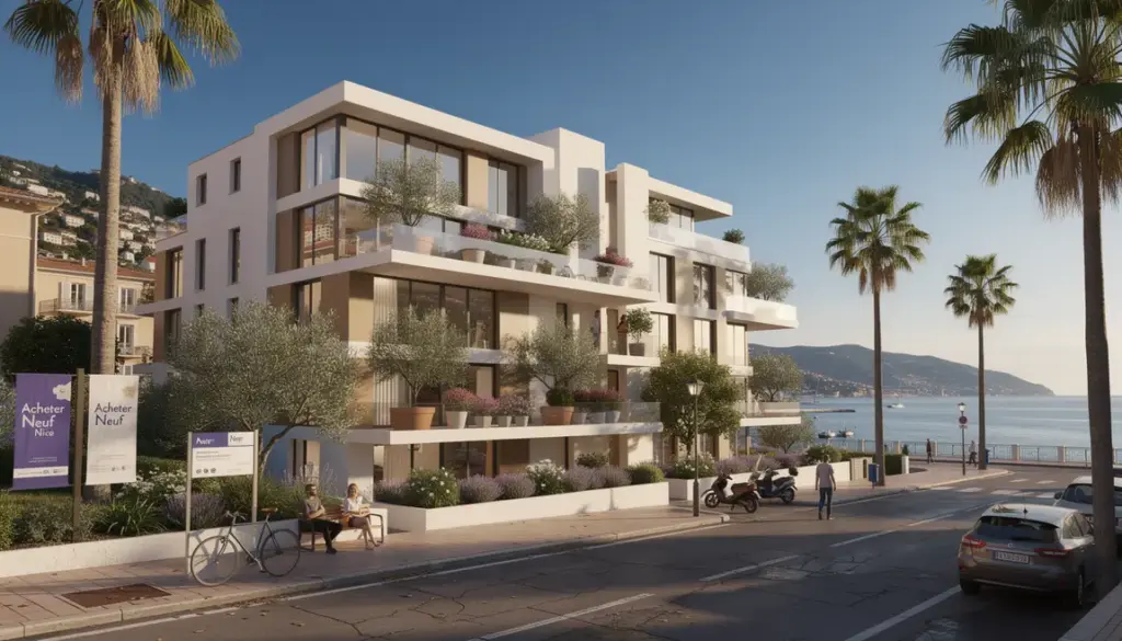 Immeuble neuf moderne à Nice vue mer palmiers