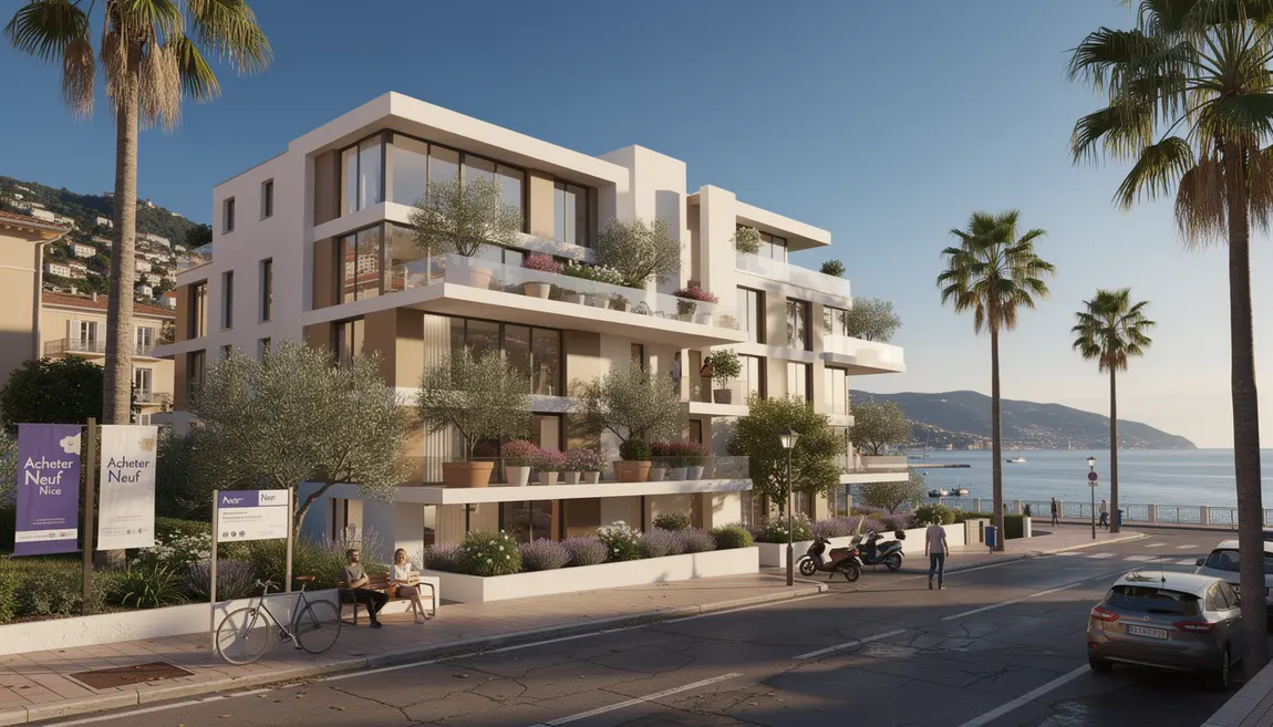 Immeuble neuf moderne à Nice vue mer palmiers