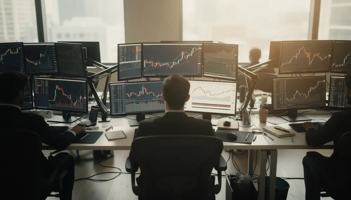 Bureau de trading moderne avec graphiques boursiers et ambiance professionnelle