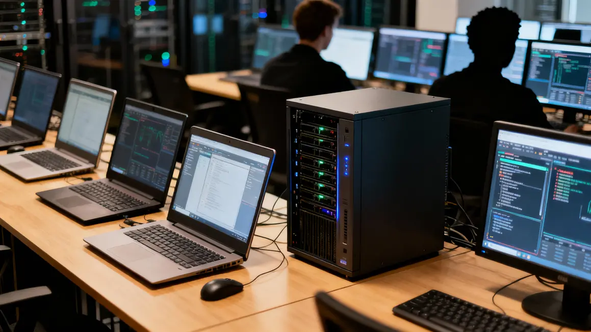 Parc informatique optimisé avec ordinateurs serveurs et logiciels de gestion