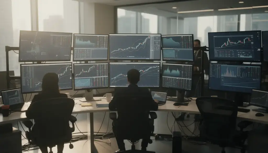 Salle de marché moderne trading régulé courbes et sécurité