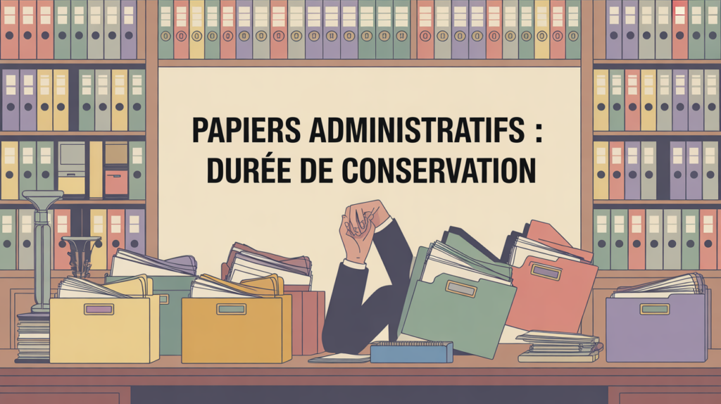 bureau avec papiers et tableau récapitulatif combien de temps garder ses papiers pdf