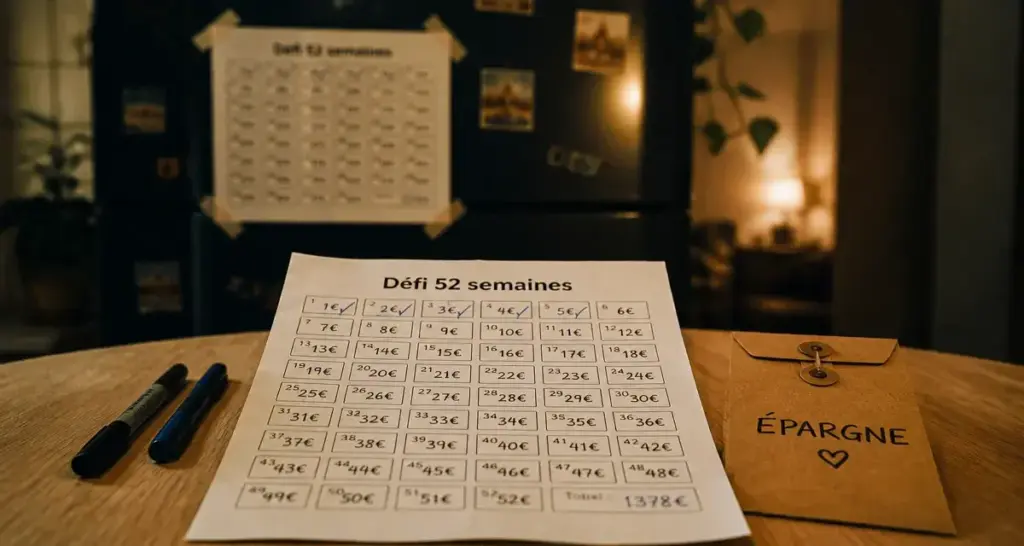 Défi budget à imprimer gratuit : tracker 52 semaines, épargne 1378 €