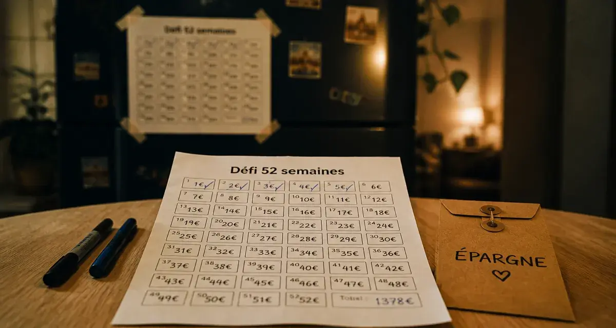 Défi budget à imprimer gratuit : tracker 52 semaines, épargne 1378 €