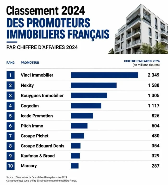 Infographie du classement des promoteurs immobiliers en France par chiffre d'affaires 2024