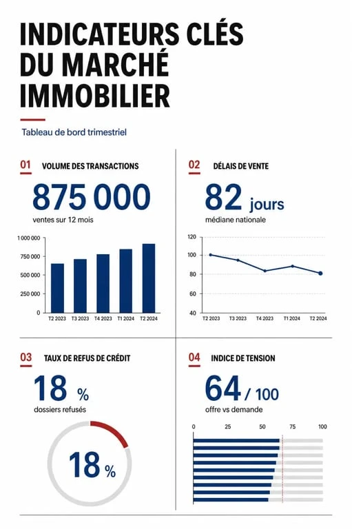 Infographie des indicateurs de la chute immobilière en France : volume, délais, taux de crédit et tension.