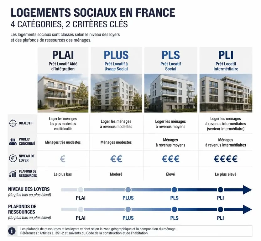 Infographie comparative des catégories de logements sociaux : PLAI, PLUS, PLS et PLI pour comprendre les critères d'éligibilité au loyer modéré.