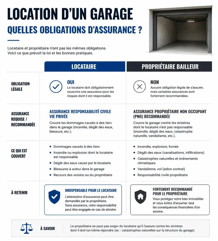 Tableau récapitulatif des obligations d'assurance pour location garage selon le profil locataire ou propriétaire