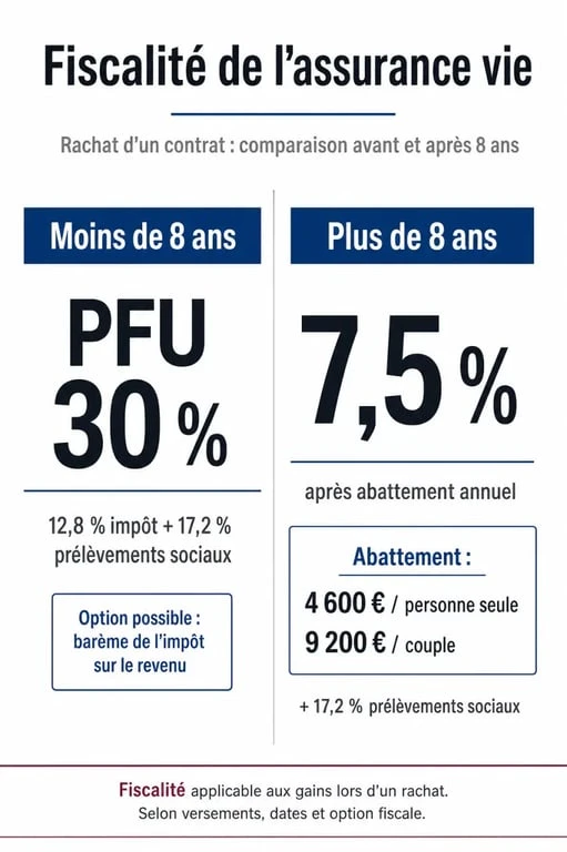 Infographie sur la fiscalité des retraits d'assurance vie : comparer les taux avant et après 8 ans pour optimiser son retrait.