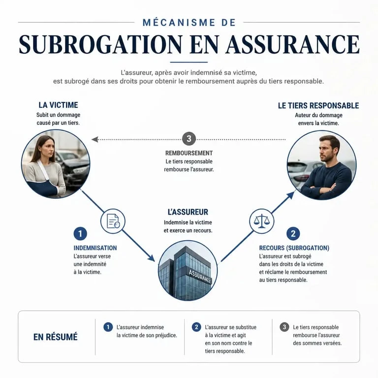 Schéma explicatif du mécanisme de subrogation en assurance : transfert des droits de l'assuré vers l'assureur