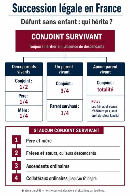 Infographie sur la succession sans enfant avec testament et l'ordre des héritiers