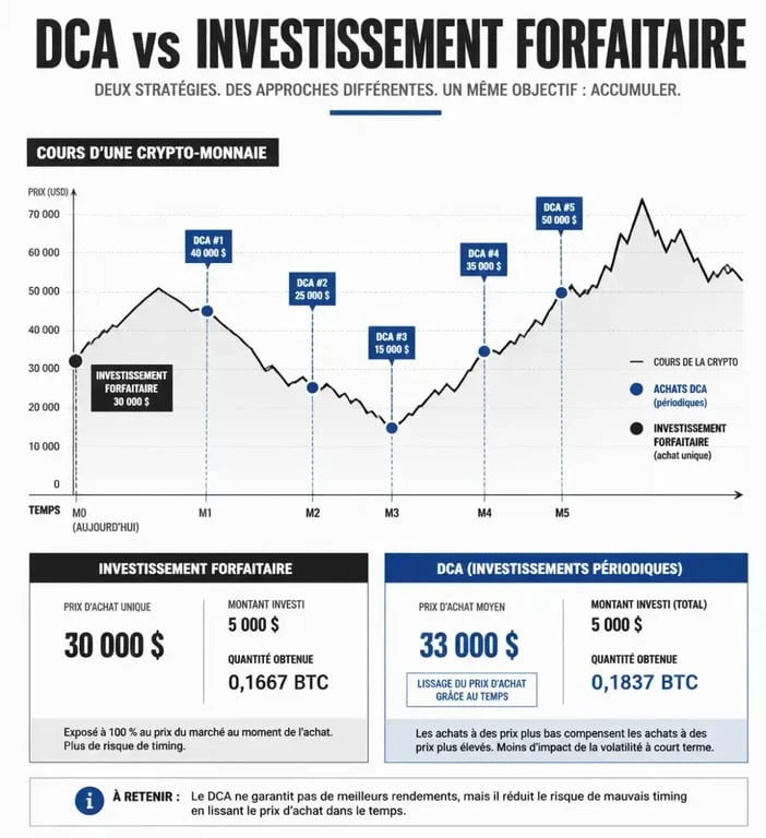 Infographie comparative entre la stratégie DCA et l'investissement forfaitaire en crypto-monnaie pour illustrer le lissage du prix de revient.