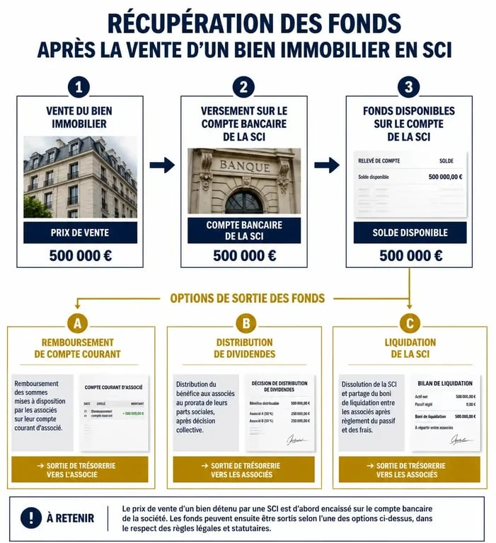 Schéma des étapes pour récupérer l'argent de la vente d'un bien en SCI