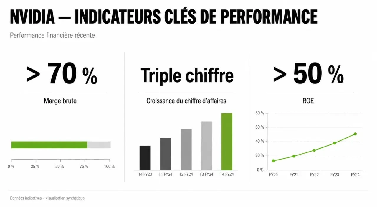 Infographie des indicateurs financiers et performance boursière de l'action Nvidia