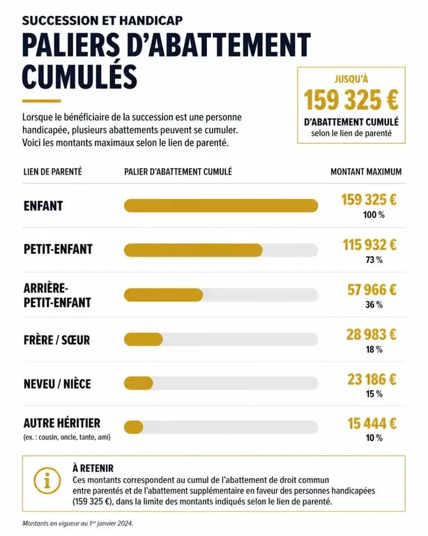 Infographie des abattements fiscaux pour succession avec personne handicapée