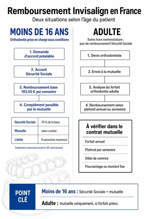 Infographie explicative du remboursement mutuelle Invisalign pour adultes et enfants