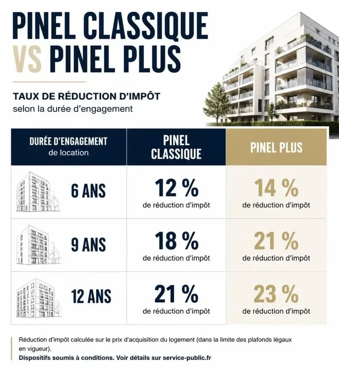 Tableau comparatif des taux de réduction d'impôt Pinel et Pinel Plus pour un investissement immobilier à Toulouse
