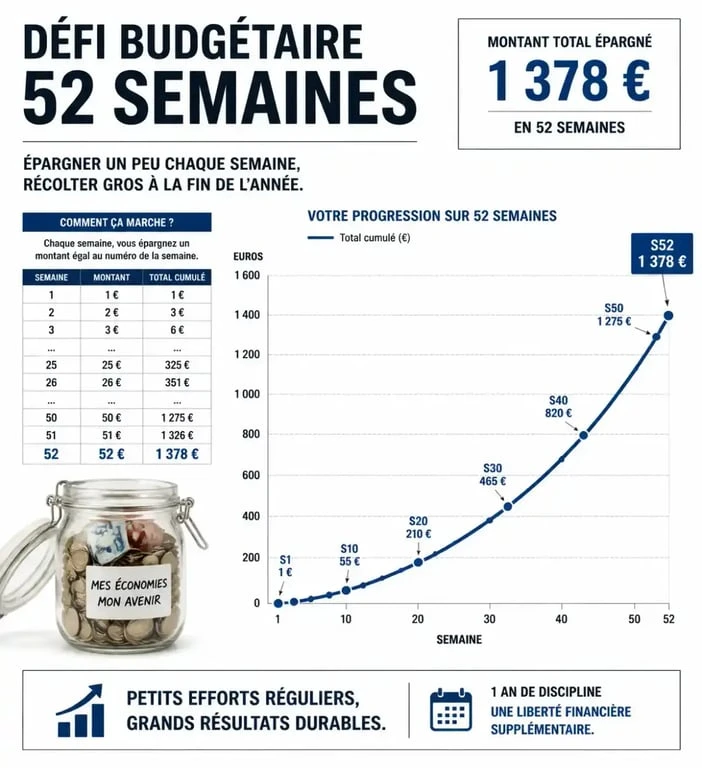Infographie du défi budget à imprimer gratuit : progression de l'épargne sur 52 semaines