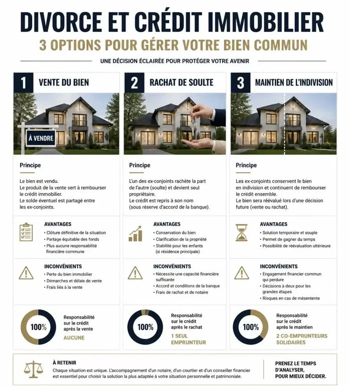 Infographie sur les options de gestion d'un crédit immobilier en cours lors d'un divorce
