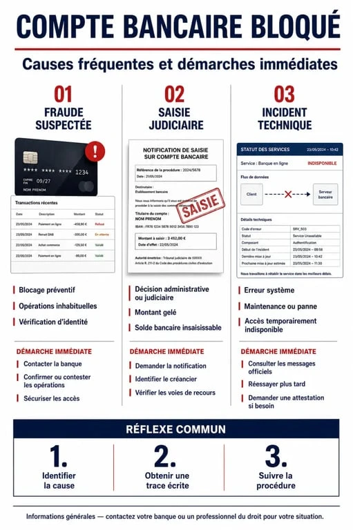 Infographie sur les causes et démarches en cas de compte bancaire bloqué sans prévenir