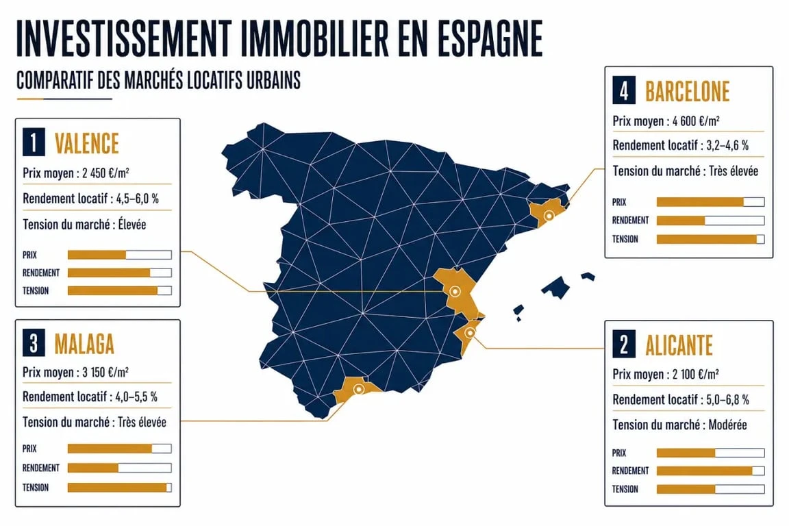 Investir en immobilier en Espagne : comparaison visuelle des prix, rendements et villes clés