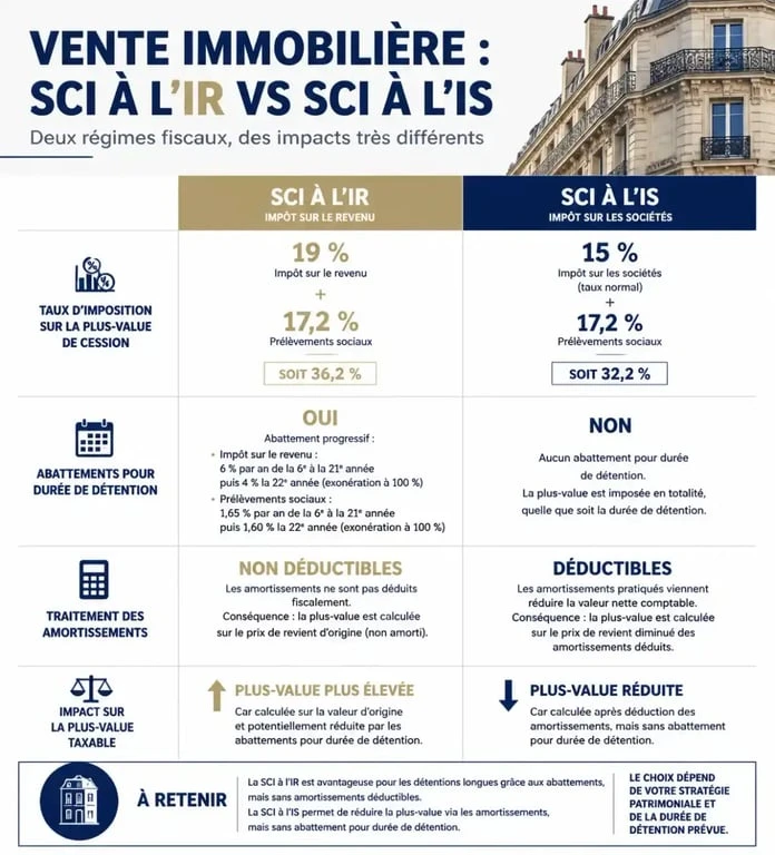 Comparatif fiscal SCI à l'IR vs SCI à l'IS pour le calcul de la plus-value immobilière